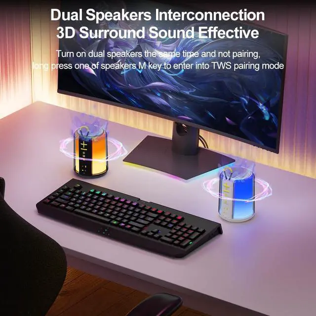 Alt view image 4 of 6 - Portable Bluetooth Speaker with AUX Input, 8W Loud Stereo Sound, RGB Light, TF-Card/USB Flash Drive Input, Wireless BT 5.3 Dual Stereo Pairing, for Home Outdoor Travel