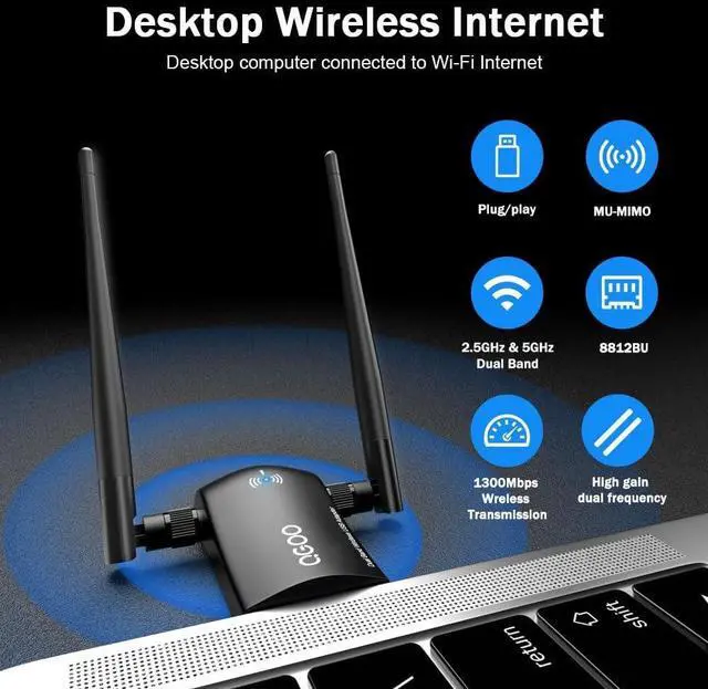Alt view image 3 of 7 - Wireless WiFi Adapter for Desktop PC - QGOO AC1300Mbps USB 3.0 Network Dongle with 5dBi High Gain Dual Antennas, Dual Band 2.4G/400Mbps 5G/867Mbps for Laptop Computer Compatible Windows11/10/8/7
