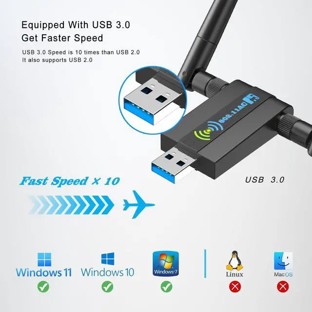 Alt view image 5 of 7 - Wireless USB WiFi Adapter for PC: 1300Mbps 5G/2.4G Dual 5dBi High-gain Antennas WiFi Adapter for Desktop PC Wireless Network Dongle for Windows11/10/7