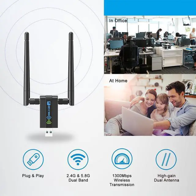 Alt view image 7 of 7 - Wireless USB WiFi Adapter for PC: 1300Mbps 5G/2.4G Dual 5dBi High-gain Antennas WiFi Adapter for Desktop PC Wireless Network Dongle for Windows11/10/7