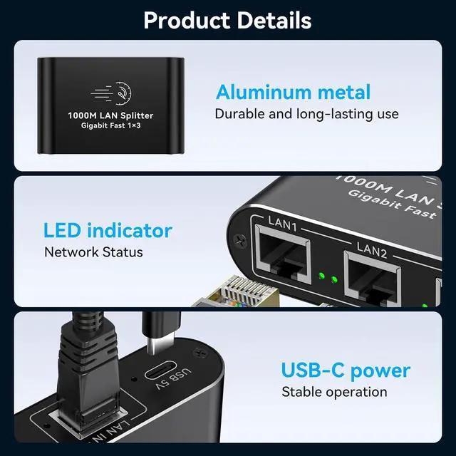 Alt view image 6 of 7 - Ethernet Splitter 1 to 3 1000Mbps Internet Cable Splitter 1 in 3 Out High Speed Either Network Splitter Gigabit Dual LAN RJ45 Port Router Switch Work with Cat6/7/8 Cable