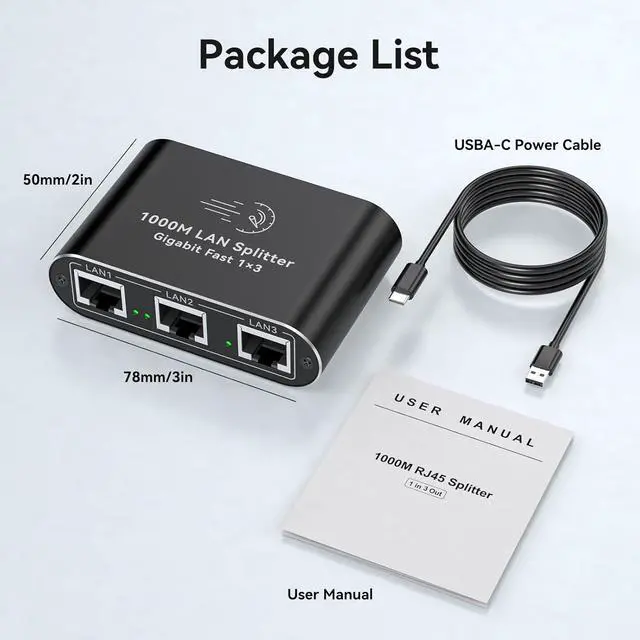 Alt view image 7 of 7 - Ethernet Splitter 1 to 3 1000Mbps Internet Cable Splitter 1 in 3 Out High Speed Either Network Splitter Gigabit Dual LAN RJ45 Port Router Switch Work with Cat6/7/8 Cable