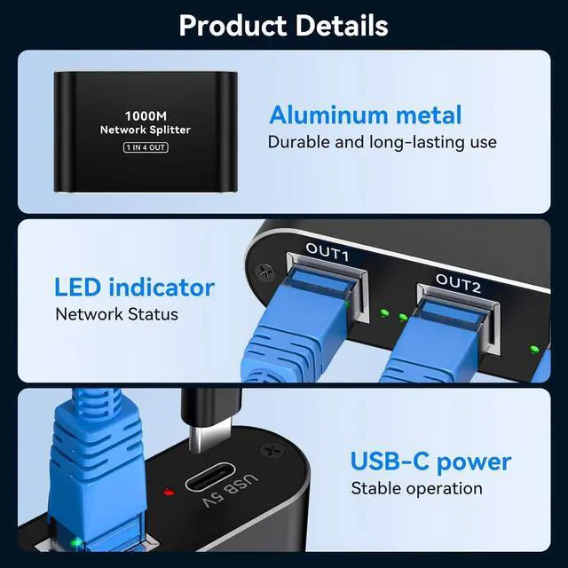 Alt view image 6 of 7 - THXCDBID Ethernet Splitter 1 to 4 1000Mbps LAN Splitter Network Switch Ethernet Switch Suitable for Cat6/7/8 Cable with USB C Power