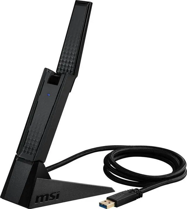 Main image of MSI AXE5400 WiFi 6E USB Adapter - WLAN up to 5400 Mbps (6GHz, 5GHz, 2.4GHz Wireless), USB 3.2 Gen 1, MU-MIMO, 2X High-Gain Tri-Band Antennas, Beamforming, WPA3 - Cradle Included