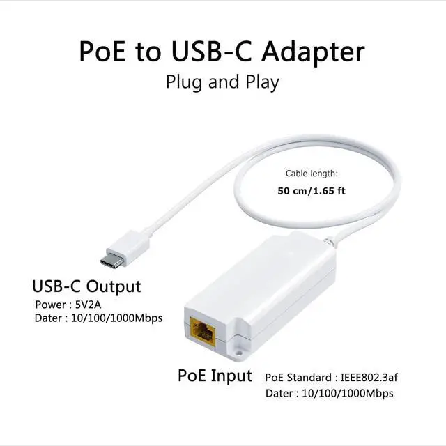 Alt view image 2 of 6 - Gigabit PoE to USB C Converter for Smart Phone/Tablet, USB-C to Ethernet Adapter with 10W Charging, Power & Data 2-in-1 RJ45 Port to Type-C Adapter, 10/100/1000Mbps High Speed Plug & Play,IEEE802.3af