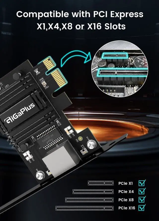Alt view image 3 of 6 - 2.5Gb PCIe Network Card, GiGaPlus 2500Mbps Ethernet Interface Adapter, with Realtek RTL8125B, Wake on LAN, 2.5G NIC Compliant Windows/Linux/MAC OS