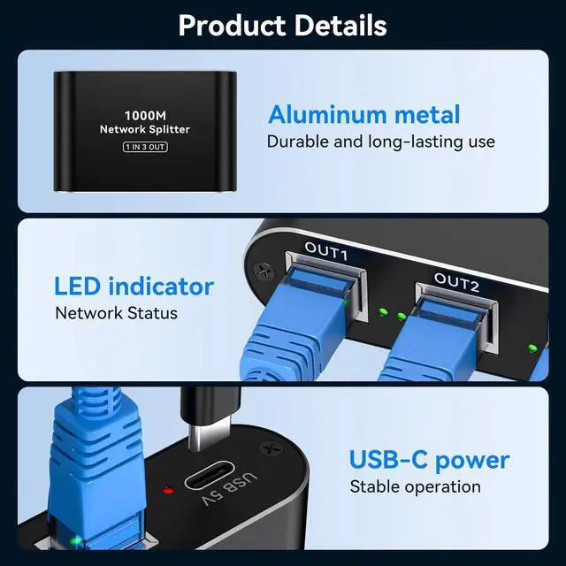 Alt view image 6 of 7 - THXCDBID Ethernet Splitter 1 to 3 High Speed LAN Splitter 1000Mbps Gigabit RJ45 Ethernet Switch with USB C Power Cable for Cat5/5e/6/7/8 Cable