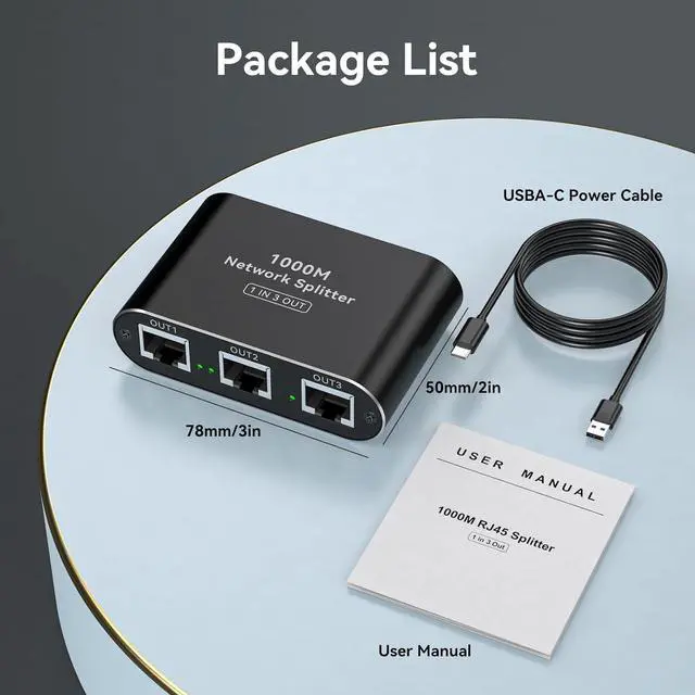Alt view image 7 of 7 - THXCDBID Ethernet Splitter 1 to 3 High Speed LAN Splitter 1000Mbps Gigabit RJ45 Ethernet Switch with USB C Power Cable for Cat5/5e/6/7/8 Cable