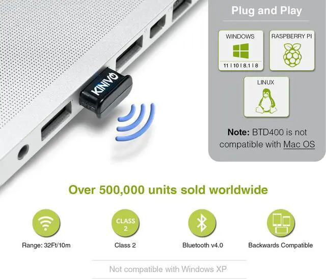 Alt view image 3 of 7 - Kinivo USB Bluetooth Adapter for PC BTD400 (Bluetooth 4.0 Dongle Receiver, Low Energy) - Compatible with Windows 11/10/8.1/8, Raspberry Pi, Linux, Laptop & Headphones