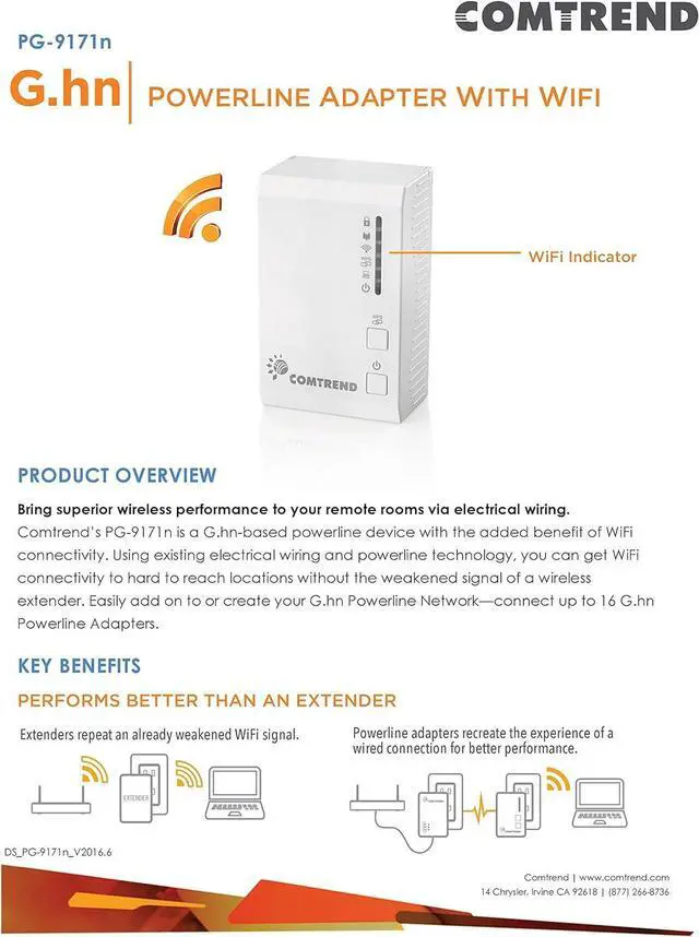 Alt view image 2 of 7 - Comtrend G.hn Powerline Adapter Wi-Fi Combo Kit  1.2Gbps Internet Extension with Fast Ethernet Ports & Reliable Wireless Coverage for Gaming, Home & Office Networking (PG-9171n & PG-9172)