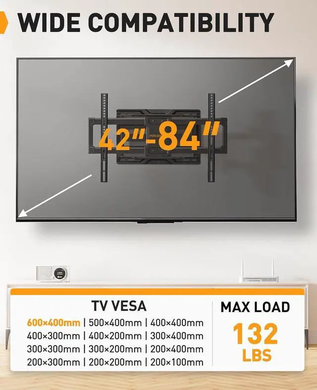 Alt view image 2 of 7 - Perlegear Full Motion TV Wall Mount for Most 4284 inch Flat Curved TVs up to 132 lbs, 12/16 Wood Studs, Bracket with Articulating Arms, Swivel, Tool-Free Tilt, Max VESA 600x400mm PGLF12