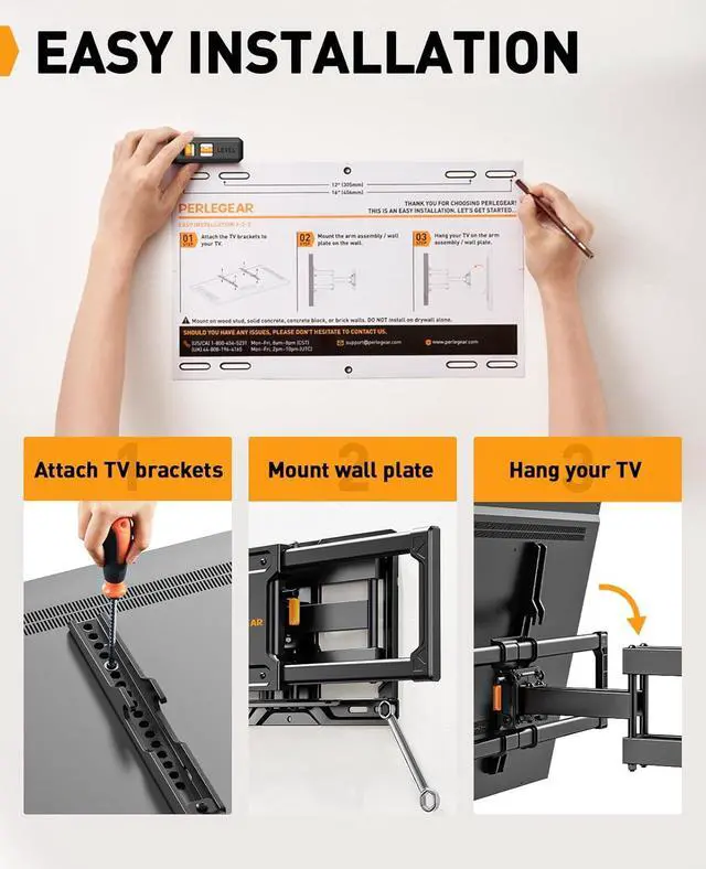 Alt view image 7 of 7 - Perlegear Full Motion TV Wall Mount for Most 4284 inch Flat Curved TVs up to 132 lbs, 12/16 Wood Studs, Bracket with Articulating Arms, Swivel, Tool-Free Tilt, Max VESA 600x400mm PGLF12