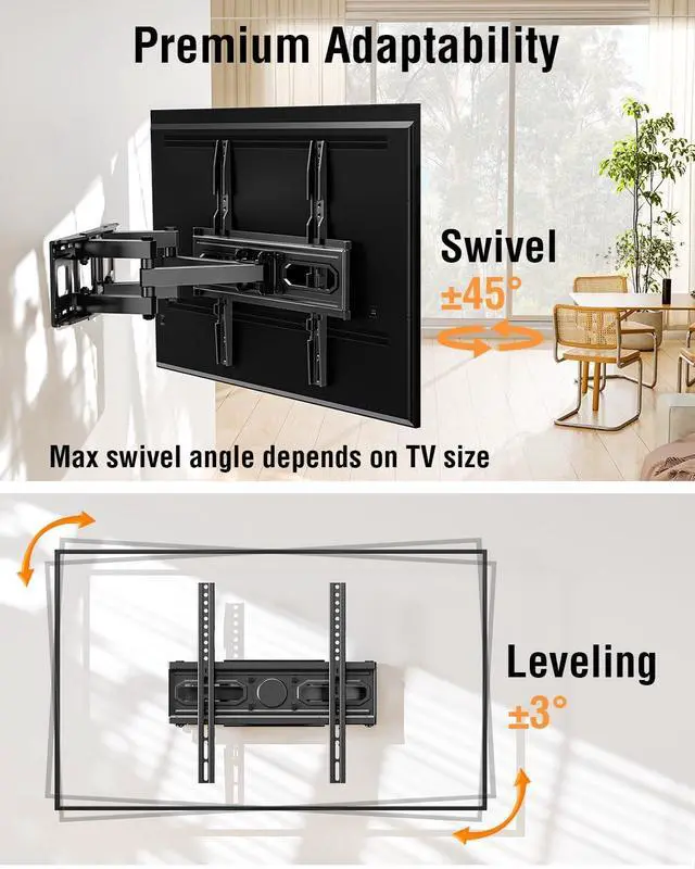 Alt view image 3 of 7 - EconoMe TV Wall Mount for Most 26-70 inch tvs, Full Motion TV Mount Swivel and Tilt, Wall Mount Bracket Max VESA 400x400mm, Holds up to 99 lbs, Fits 8 12 16" Wood Studs.