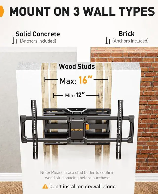 Alt view image 3 of 7 - Perlegear Full Motion TV Wall Mount for Most 4284 inch Flat Curved TVs up to 132 lbs, 12/16 Wood Studs, Bracket with Articulating Arms, Swivel, Tool-Free Tilt, Max VESA 600x400mm PGLF12