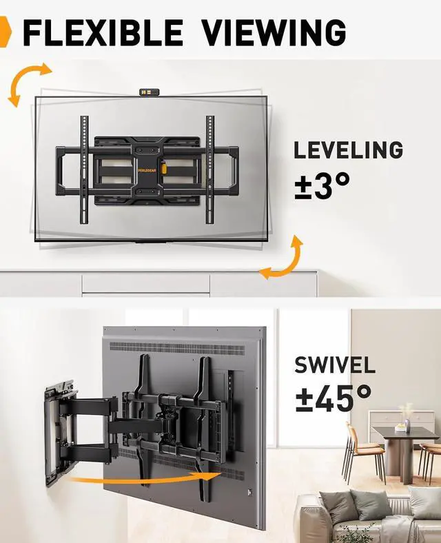 Alt view image 5 of 7 - Perlegear Full Motion TV Wall Mount for Most 4284 inch Flat Curved TVs up to 132 lbs, 12/16 Wood Studs, Bracket with Articulating Arms, Swivel, Tool-Free Tilt, Max VESA 600x400mm PGLF12