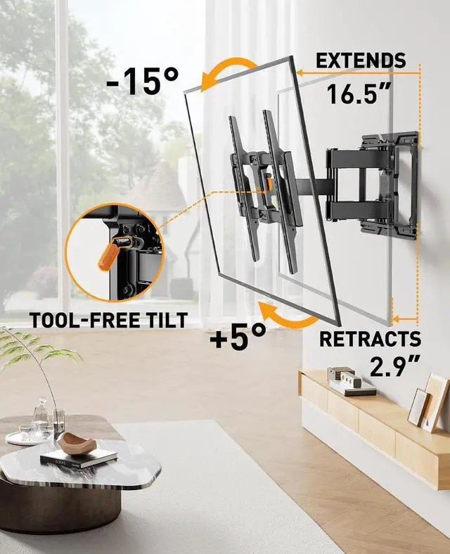 Alt view image 6 of 7 - Perlegear Full Motion TV Wall Mount for Most 4284 inch Flat Curved TVs up to 132 lbs, 12/16 Wood Studs, Bracket with Articulating Arms, Swivel, Tool-Free Tilt, Max VESA 600x400mm PGLF12