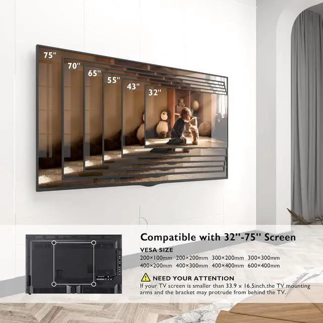 Alt view image 7 of 7 - BONTEC TV Wall Mount with Extra Long Articulated Arm for 32-75 Inch TVs, Holds Up to 132lbs, Full Motion Dual Arm Long Reach TV Bracket with Tilt, Swivel, and Level Adjustment, Max VESA 600x400mm