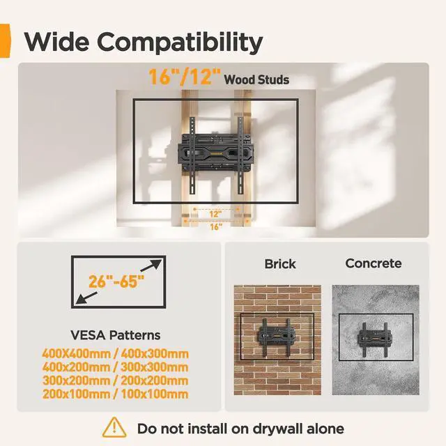 Alt view image 2 of 7 - Perlegear Full Motion TV Wall Mount for 26-65 inch TVs, TV Bracket Supports Swivel Articulating Level Extension Tilt Arms, Max VESA 400x400mm up to 99lbs, 16" Wood Studs, PGMFK4