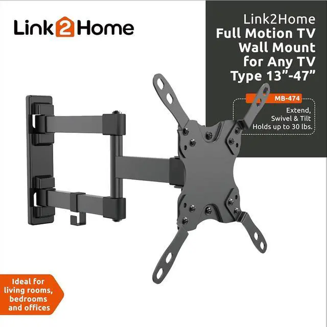 Alt view image 2 of 7 - Link2Home Full Motion TV Wall Mount for 13-47 inch TVs, Mounting Brackets for LED, LCD, OLED Flat&Curved TVs, up to 30 lbs. VESA Patterns 75/200, Articulating Arms Extension and Tilt.