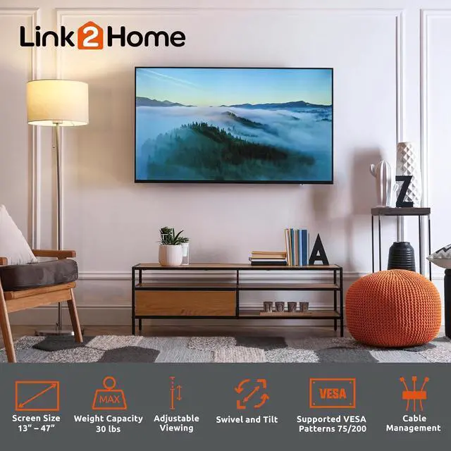 Alt view image 4 of 7 - Link2Home Full Motion TV Wall Mount for 13-47 inch TVs, Mounting Brackets for LED, LCD, OLED Flat&Curved TVs, up to 30 lbs. VESA Patterns 75/200, Articulating Arms Extension and Tilt.