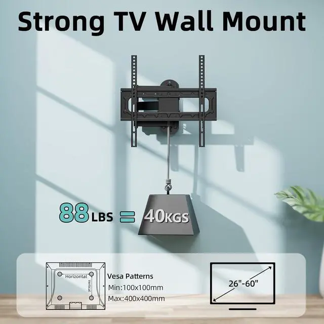 Alt view image 2 of 7 - Full MotionTV Wall Mount for 26-60 inch Flat/Curved TVs up to 88 lbs, Heavy Duty Swivel TV Mount with Single Stud Design,Smooth Extension,Max VESA 400x400mm,HC3402