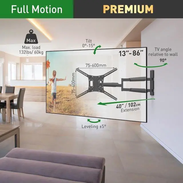 Alt view image 2 of 7 - Barkan 40'' Long TV Wall Mount, 13-83 inch Full Motion Articulating - 4 Movement Flat/Curved Screen Bracket, Holds up to 110lbs, Extremely Extendable, Fits LED OLED LCD, Black