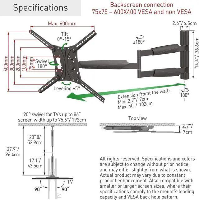 Alt view image 7 of 7 - Barkan 40'' Long TV Wall Mount, 13-83 inch Full Motion Articulating - 4 Movement Flat/Curved Screen Bracket, Holds up to 110lbs, Extremely Extendable, Fits LED OLED LCD, Black