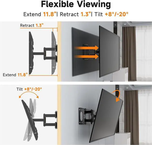 Alt view image 5 of 7 - Ultra Slim Full Motion TV Wall Mount for Most 37"-90" Flat/Curved TV, Swivel Tilt Bracket with Articulating 6 Arms, Support 120lbs, Max VESA 600x400mm, Fits 12/16" Wood Stud, MAUS02