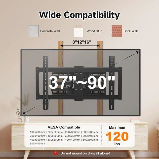Alt view image 7 of 7 - Ultra Slim Full Motion TV Wall Mount for Most 37"-90" Flat/Curved TV, Swivel Tilt Bracket with Articulating 6 Arms, Support 120lbs, Max VESA 600x400mm, Fits 12/16" Wood Stud, MAUS02