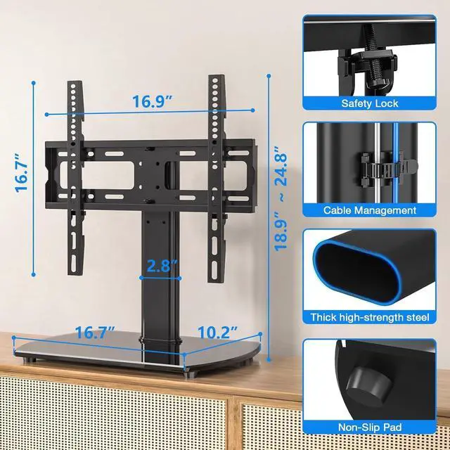 Alt view image 6 of 7 - Universal Swivel TV Stand for 27-50 55 60 Inch TVs Height Adjustable Table Top TV Stand Mount Hold up to 88 lbs Pedestal TV Stands with Tempered Glass Base Replacement TV Mount Stand