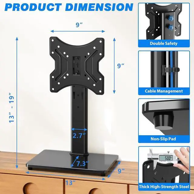 Alt view image 6 of 7 - Universal Swivel Tabletop TV Stand for Flat Screens 23 24 26 32 39 40 42 43 Inch Heavy Duty Center Pedestal Stand Replacement with Black Tempered Glass Base and Height Adjustable Mount