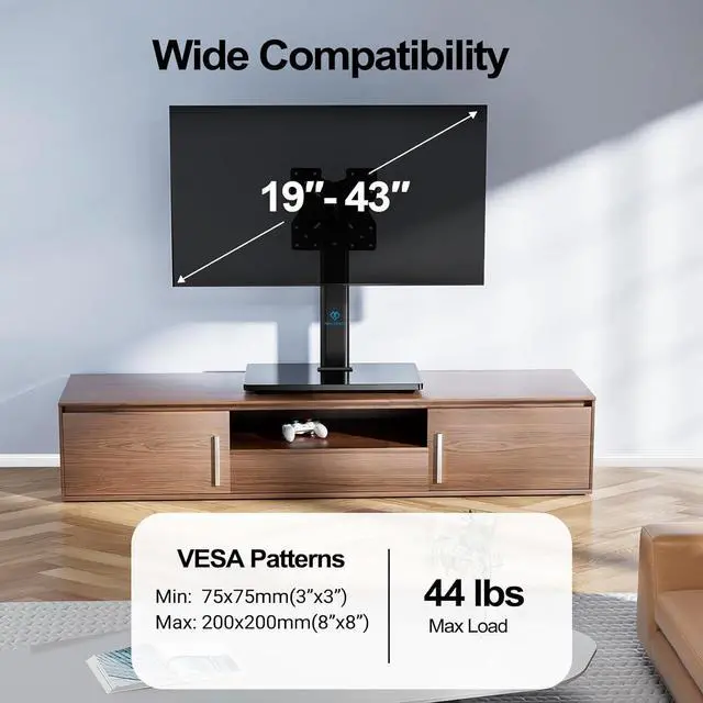 Alt view image 7 of 7 - PERLESMITH Swivel Universal TV Stand for 19-43 inch TVs or Monitor, Height Adjustable TV Mount Stand with Tempered Glass Base, Max VESA 200x200mm, Holds up to 44lbs, PSTVS07