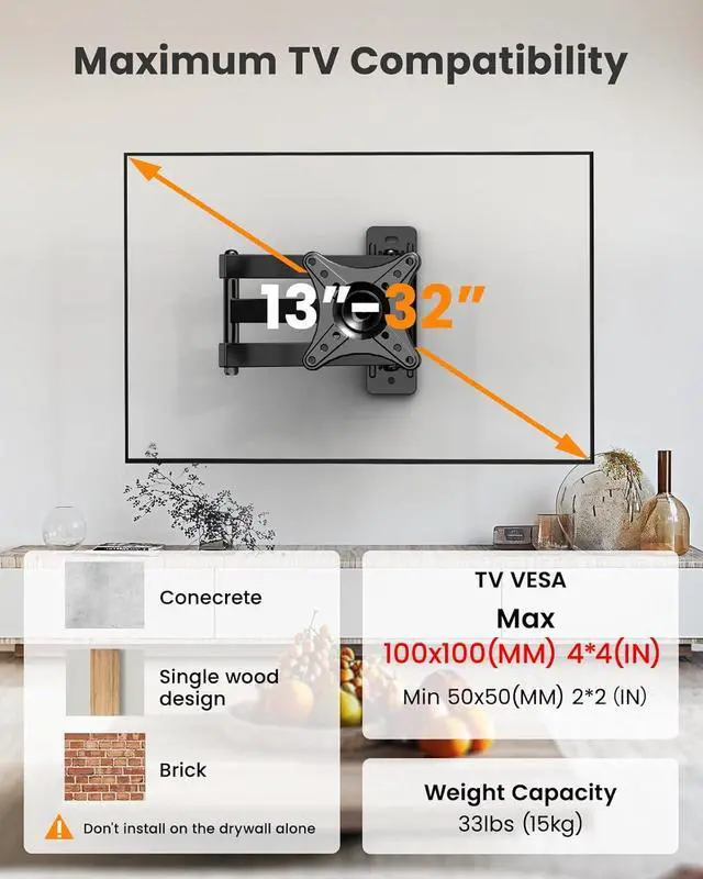 Alt view image 6 of 7 - Full Motion TV Monitor Wall Mount Bracket for Most 13-32 Inch LED LCD Flat Curved Screen, 360° Rotation Swivel Tilt ExtensionAdjustable Articulating Arms, Max VESA 100x100mm up to 33lbs