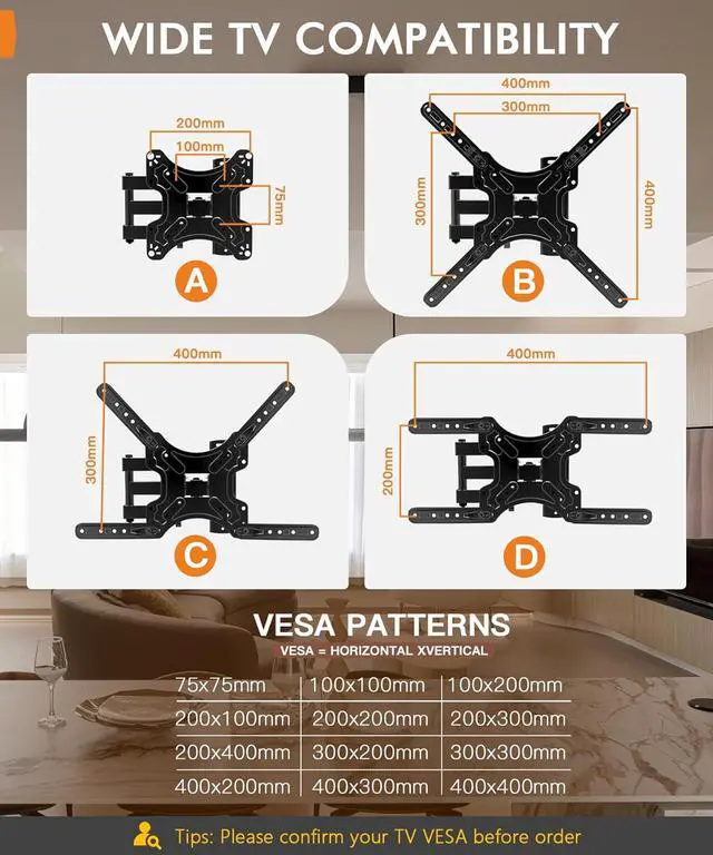 Alt view image 2 of 6 - Full Motion TV Wall Mount for Most 26-55 Inch TVs, Corner Wall Mount TV Bracket with Tilt Swivel and Articulating, Single Stud Center Design Fits Flat/Curved TVs, Max VESA 400x400mm Up to 77 lbs