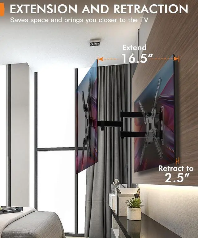 Alt view image 3 of 6 - Full Motion TV Wall Mount for Most 26-55 Inch TVs, Corner Wall Mount TV Bracket with Tilt Swivel and Articulating, Single Stud Center Design Fits Flat/Curved TVs, Max VESA 400x400mm Up to 77 lbs