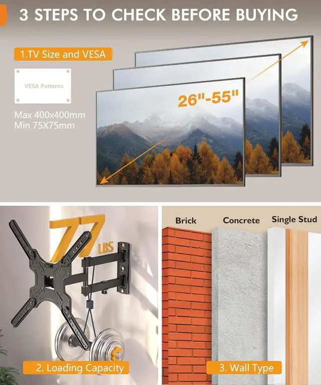 Alt view image 6 of 6 - Full Motion TV Wall Mount for Most 26-55 Inch TVs, Corner Wall Mount TV Bracket with Tilt Swivel and Articulating, Single Stud Center Design Fits Flat/Curved TVs, Max VESA 400x400mm Up to 77 lbs