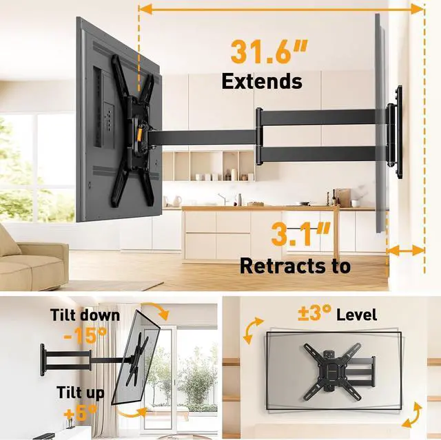 Alt view image 5 of 7 - Long Arm TV Wall Mount for 26-65 inch TVs up to 100 lbs Corner TV Mount Bracket with 31.65 Extension Swivel Tilt Articulating Arms Full Motion Wall Mount Max VESA 400x400mm PGMF25B