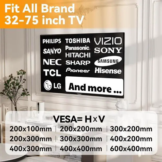 Alt view image 2 of 7 - Studless TV Wall Mount for 32-75 inch TVs, No Stud Drywall TV Bracket Holds up to 150 lbs, Low Profile, No Drill, Easy to Install for Bedroom Living Room, Bubble Level Included