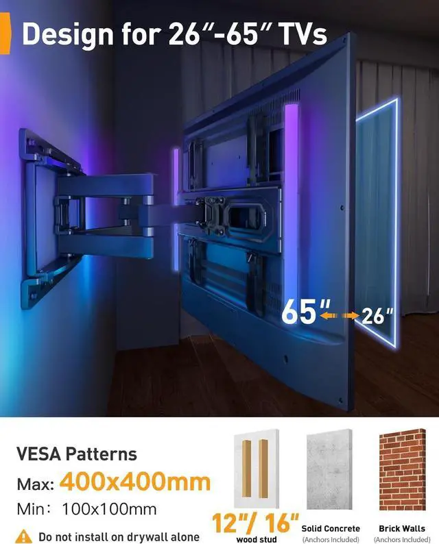 Alt view image 2 of 7 - Pre-Assembled TV Wall Mount with LED Lights for 26-65 inch TVs up to 99 lbs Max VESA 400x400mm Swivel Extension Tilt TV Backlights with Music Sync Fits 16/12 Wood Studs PGMF20