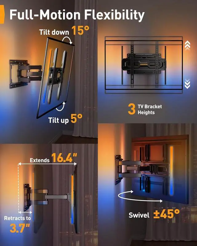 Alt view image 5 of 7 - Pre-Assembled TV Wall Mount with LED Lights for 26-65 inch TVs up to 99 lbs Max VESA 400x400mm Swivel Extension Tilt TV Backlights with Music Sync Fits 16/12 Wood Studs PGMF20