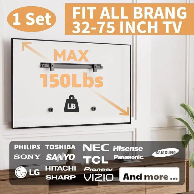 Alt view image 3 of 6 - Studless TV Wall Mount, No Drill Drywall TV Bracket Hanger for 32-75 inch Flat Screen TVs, No Anchors, No Stud, Heavy Duty, Renter Friendly, Easy Install with All Hardware Included