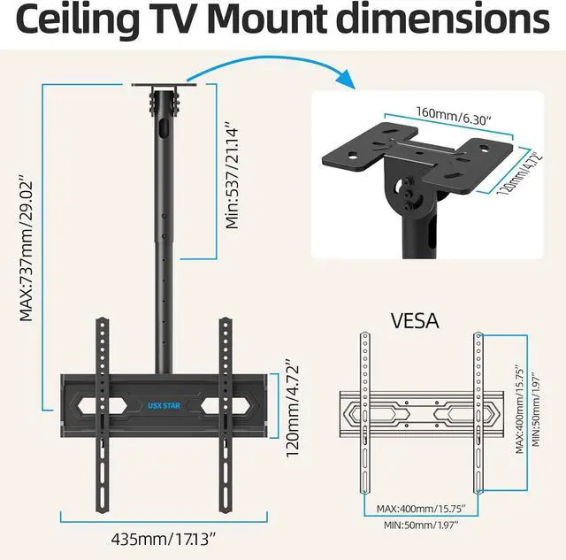 Alt view image 7 of 7 - Ceiling TV Mount for 26-65 inch TVs 360° Swivel Full Motion Ceiling Mount TV Bracket Height Adjustable Tilt TVs Ceilings Mounts Supports up to 110 Lbs Max VESA 400x400mm