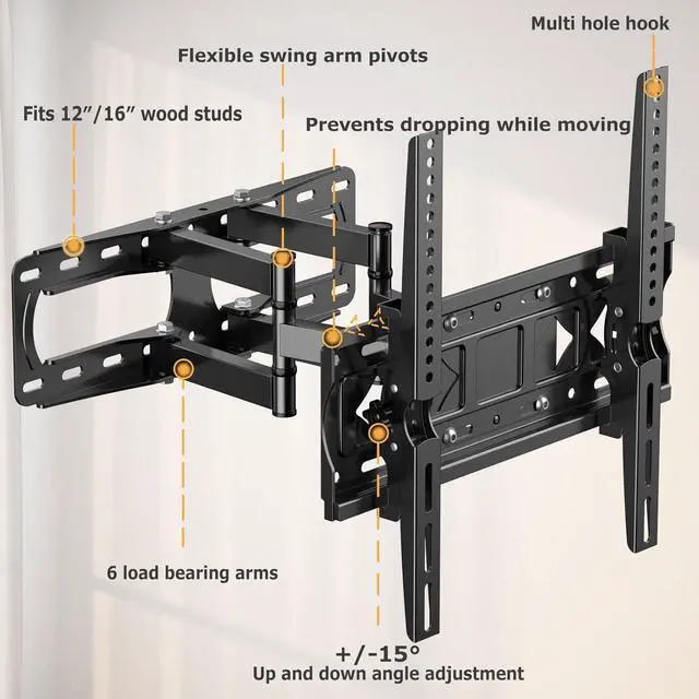 Alt view image 2 of 7 - Full Motion TV Wall Mount for Most 26-65 Inch Flat/Curved 4K LED LCD TVs, Rotate Articulating Arms Swivel and Tilt Wall Mount TV Bracket Max VESA 400X400 mm,Fits 12/16 Wood Studs