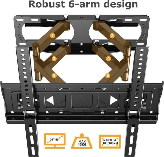 Alt view image 7 of 7 - Full Motion TV Wall Mount for Most 26-65 Inch Flat/Curved 4K LED LCD TVs, Rotate Articulating Arms Swivel and Tilt Wall Mount TV Bracket Max VESA 400X400 mm,Fits 12/16 Wood Studs