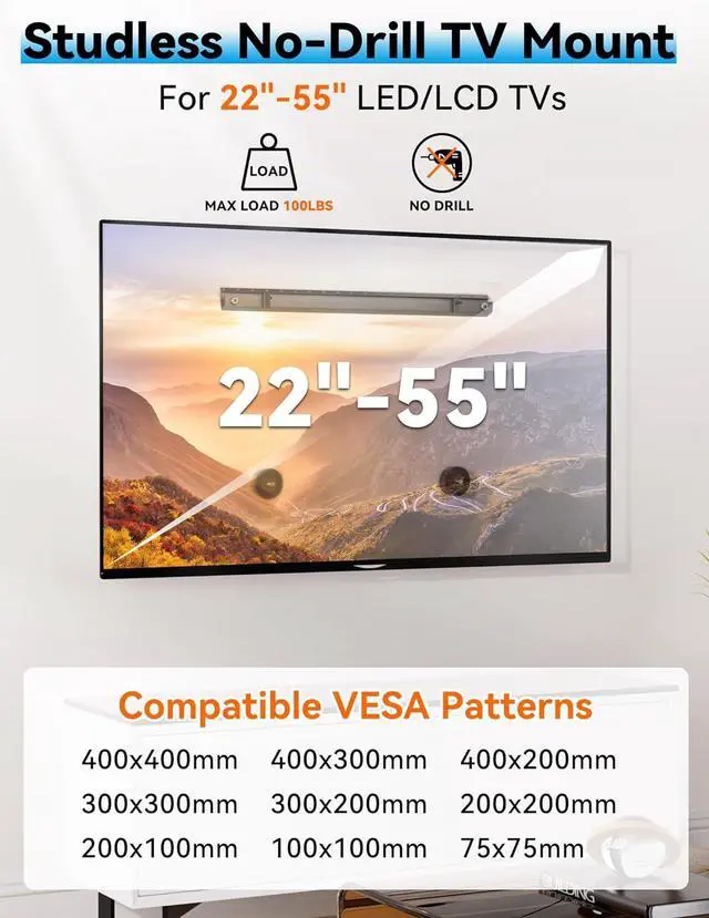 Alt view image 2 of 7 - No Stud TV Wall Mount, No Drill Studless TV Hanger for 22-55 Inch TVs, NO Damage Wall Mount Ultra Slim TVs Bracket, Max VESA 400x400mm, Holds up to 100 lbs (Include All Hardware Levels)
