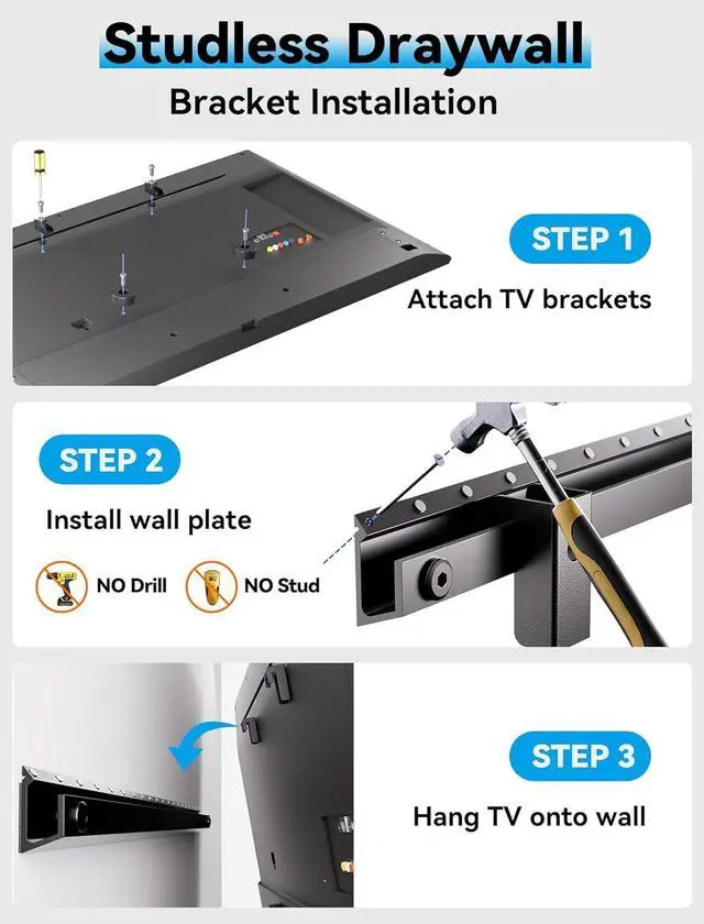 Alt view image 6 of 7 - No Stud TV Wall Mount, No Drill Studless TV Hanger for 22-55 Inch TVs, NO Damage Wall Mount Ultra Slim TVs Bracket, Max VESA 400x400mm, Holds up to 100 lbs (Include All Hardware Levels)