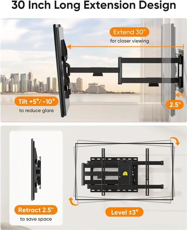 Alt view image 3 of 7 - FORGING MOUNT Corner TV Mount Long Arm TV Wall Mount for Most 37-75 Inch Flat Curved TVs, 30 Inch Long Extension TV Mount Swivel, Tilt, Full Motion Articulating Arms Max VESA 600x400mm up to 99lbs