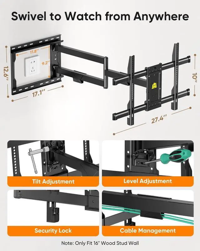 Alt view image 5 of 7 - FORGING MOUNT Corner TV Mount Long Arm TV Wall Mount for Most 37-75 Inch Flat Curved TVs, 30 Inch Long Extension TV Mount Swivel, Tilt, Full Motion Articulating Arms Max VESA 600x400mm up to 99lbs