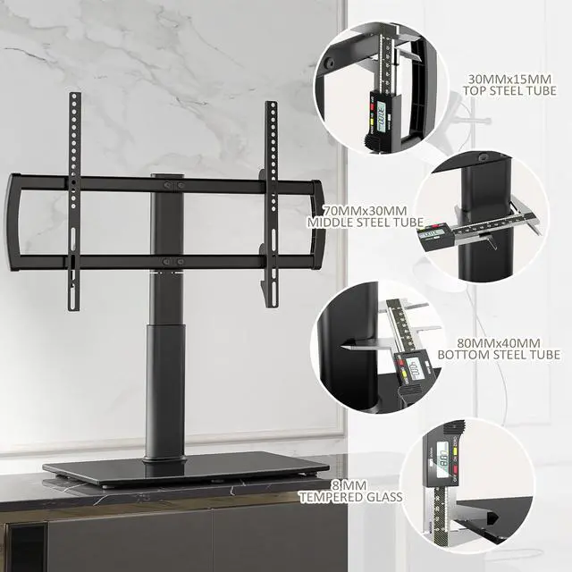 Alt view image 6 of 7 - Universal Swivel TV Stand/Base Table Top TV Stand 32 to 65 inch TVs 80 Degree Swivel, 4 Level Height Adjustable, Heavy Duty Tempered Glass Base, Holds up to 88lbs Screens, HT04B-002