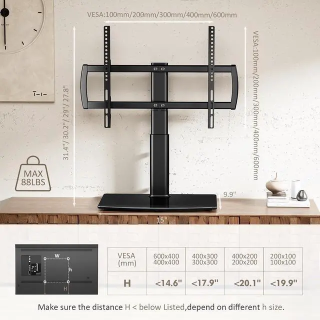 Alt view image 7 of 7 - Universal Swivel TV Stand/Base Table Top TV Stand 32 to 65 inch TVs 80 Degree Swivel, 4 Level Height Adjustable, Heavy Duty Tempered Glass Base, Holds up to 88lbs Screens, HT04B-002